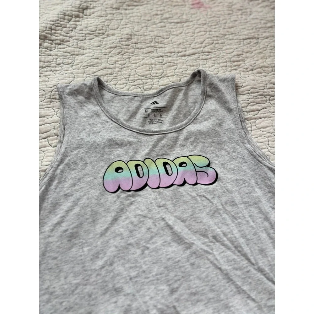 Adidas Girls XL 16 Gray Tank Top Rainbow Bubble Logo Split Back Sleeveless Shirt